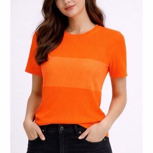 HELMUT LANG • Neon Orange Stripe Ribbed Knit Short Sleeve Tee, M